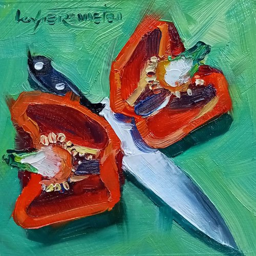 'TWO SEET PEPPER HALVES' - Small Oil Painting on Panel Ready to Hang by Ion Sheremet