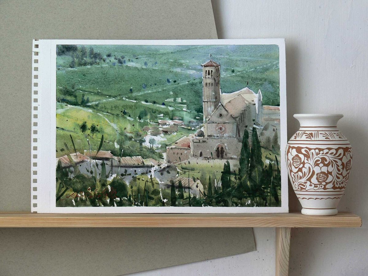 Assisi, Italy, watercolor painting on paper. by Marin Victor