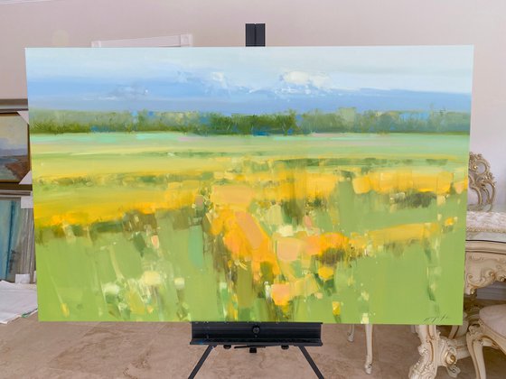 Yellow Valley, Landscape oil painting, Handmade artwork, Large Size