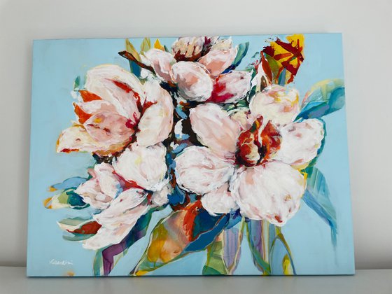 ESPRIT - 60 X 80 CM * ABSTRACT FLORAL PAINTING ON CANVAS * BLUE * YELLOW