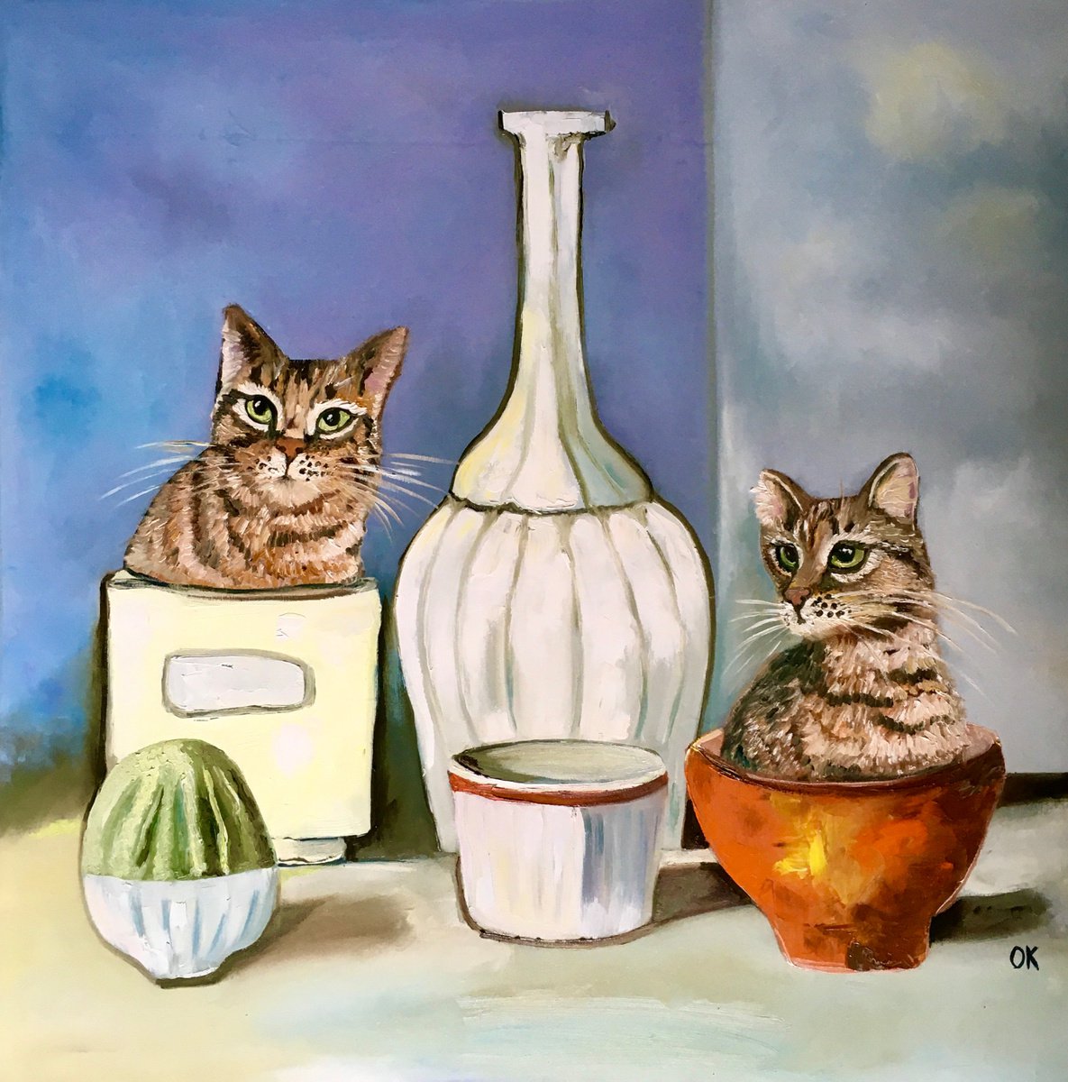 2 Troys ( Probably Twins) Cats and Giorgio Morandi vases and bottles by Olga Koval