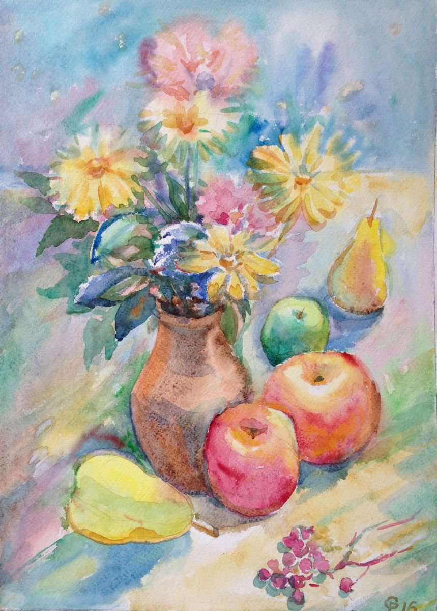 Autumn fruit, Apples, Pears, Flowers, Still life. by Roman Sergienko