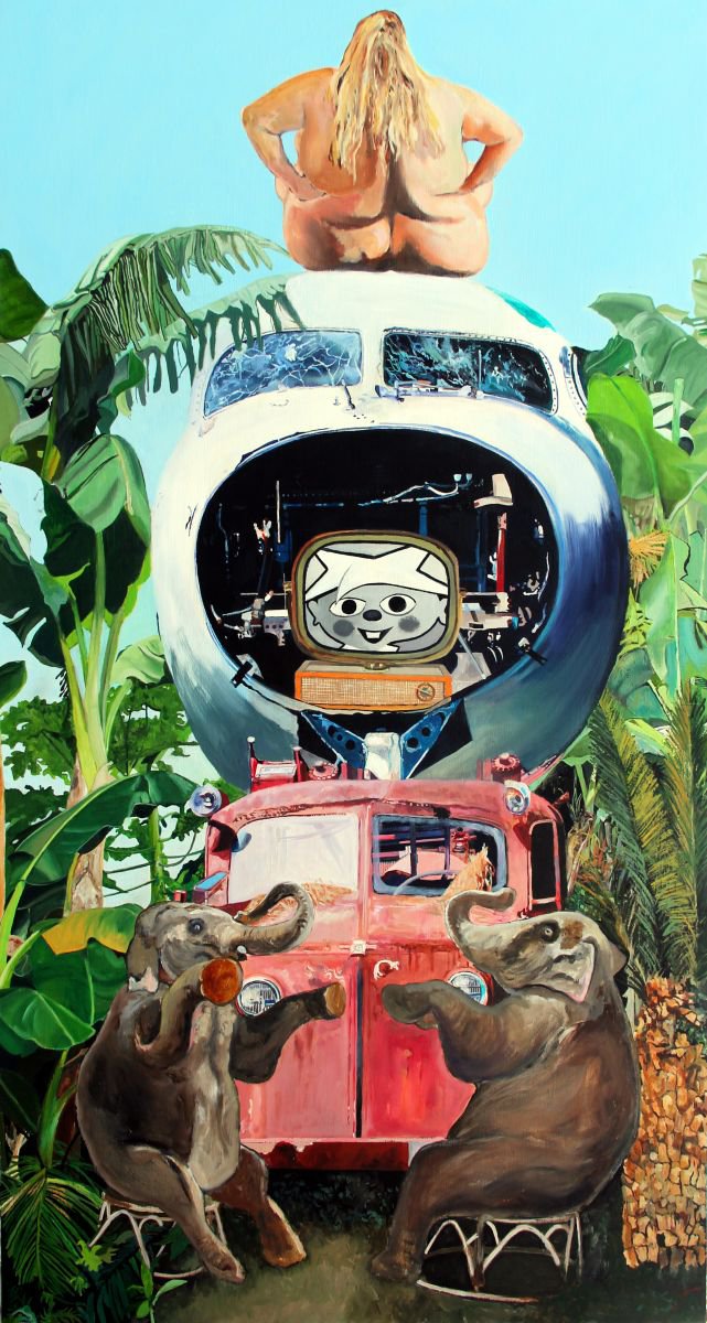 Surrealistic Abstract Oil Painting By Ken Vrana, 26 X 48", Winky Dink And The Fire Plane, Original Artwork