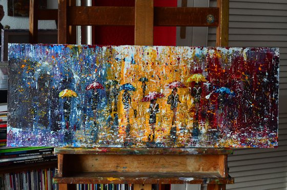 It's Raining- Long Deep Edge Canvas Ready to Hang, Palette knife, City