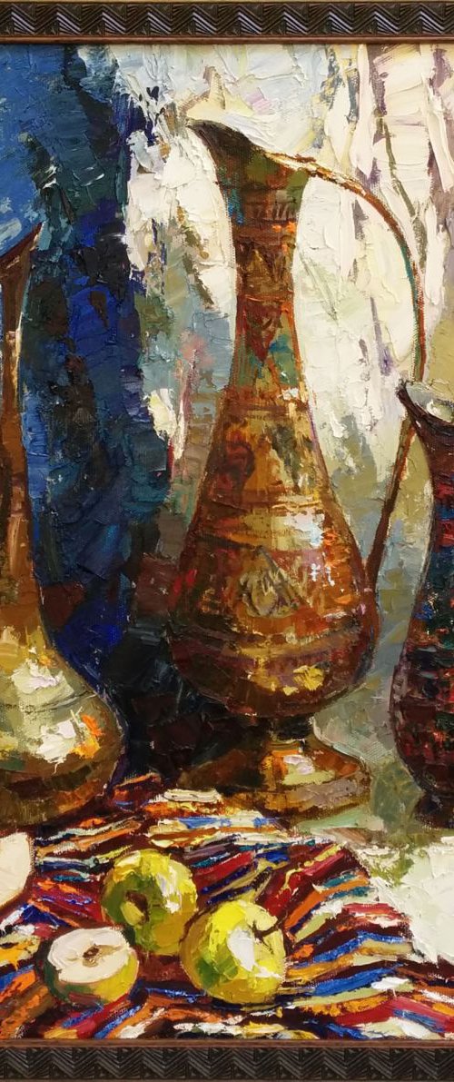 Ancient eastern pitchers and apples Still life painting Framed by Anastasiia Valiulina
