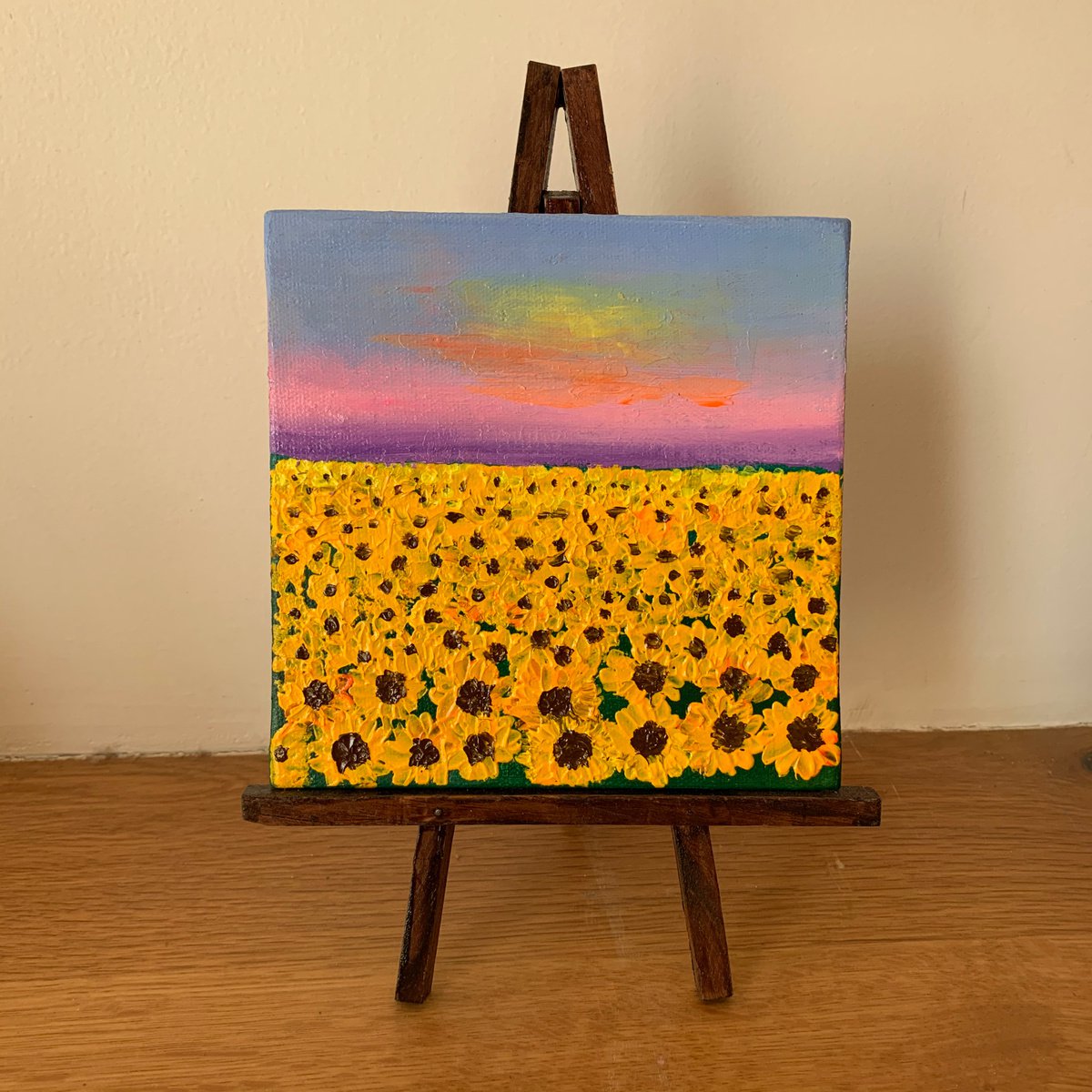 Sunflower field! Impasto painting on round canvas! Ready to hang Acrylic  painting by Amita Dand