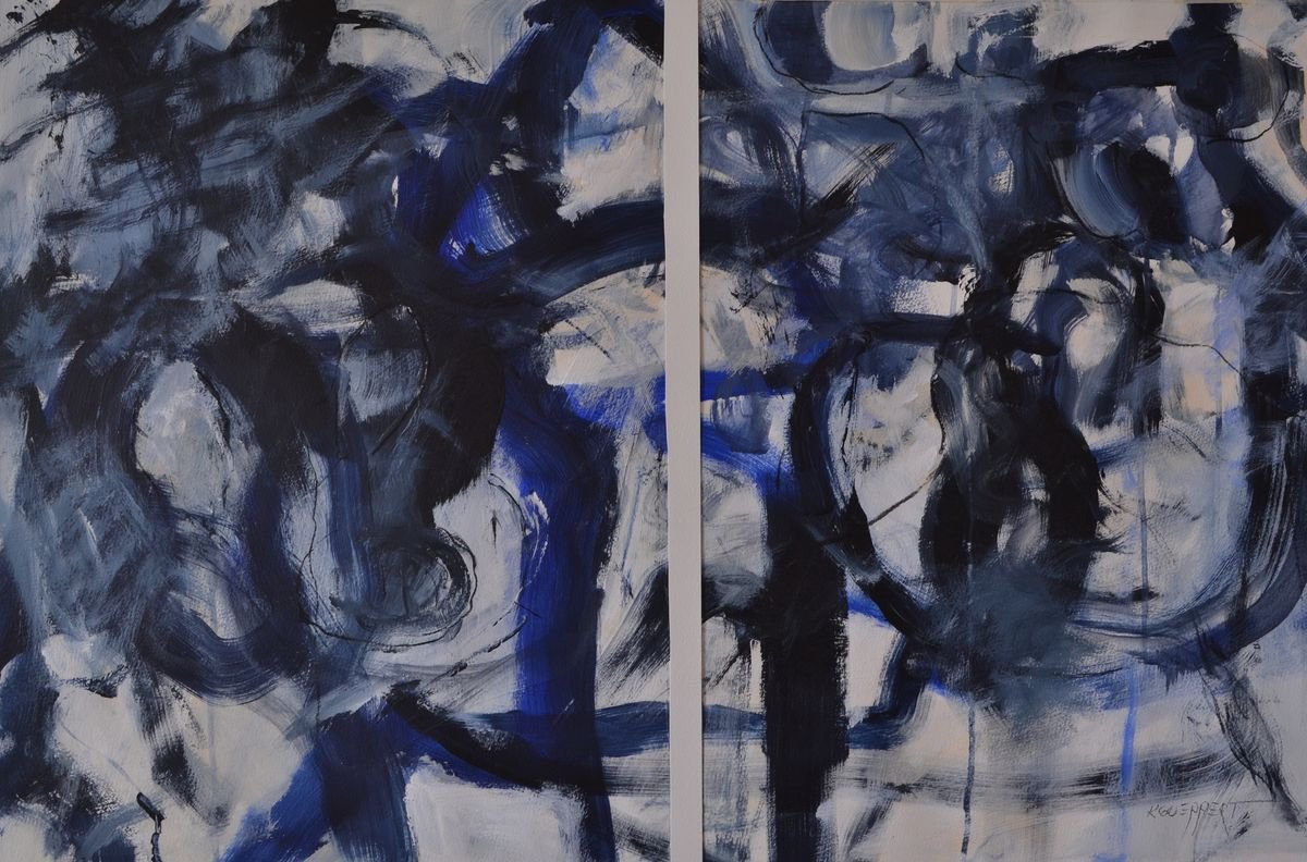 Interloop - large gestural acrylic abstract Diptych in blue and white by Karin Goeppert