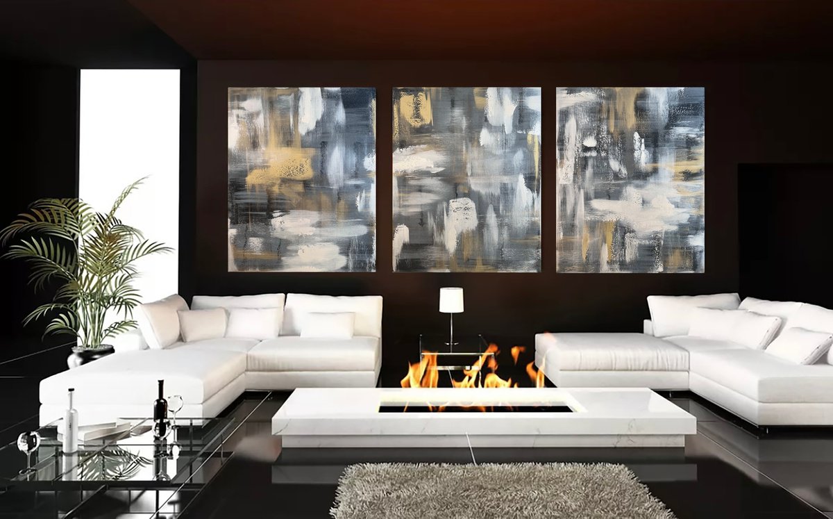 100x240cm Black gray abstract painting. Mother-of-pearl luxury 3 set by Marina Skromova