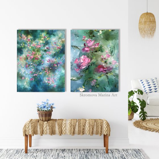 ATTRACTION - Set of 2 roses. Little ones. Shabby chic diptych. Rain. Emerald. Shine. Haze.