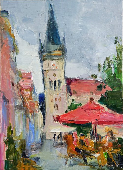 Medieval castle Ancient architecture in Bardejov. Slovakia . Original plain air oil painting by Helen Shukina