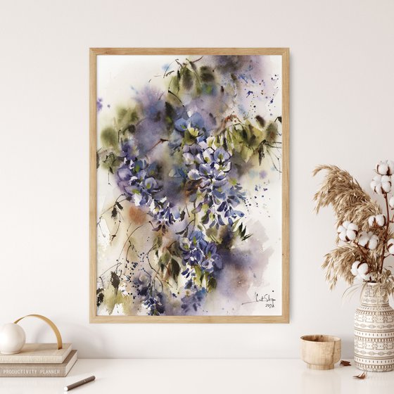 Wisteria Florals Watercolor Painting, Blossoms Painting, Flowers Watercolour Art