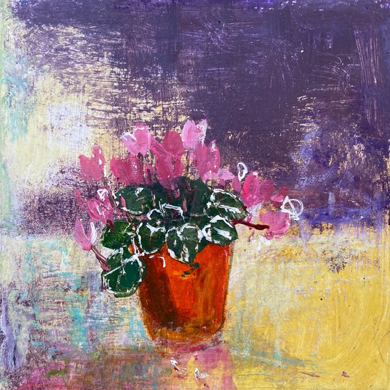 Mum's Cyclamen in Flower pot pink & yellow tones framed