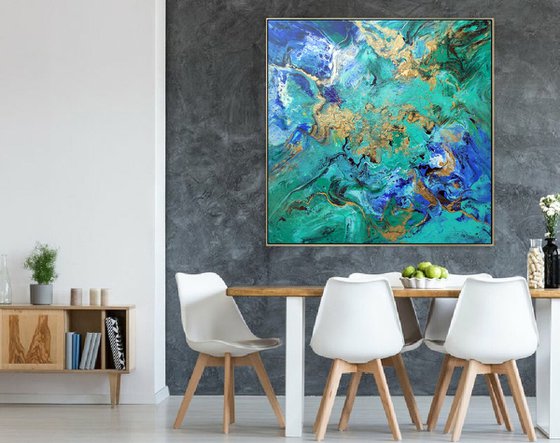 Modern abstract art blue green gold metallic painting ocean colors - Summer Holidays