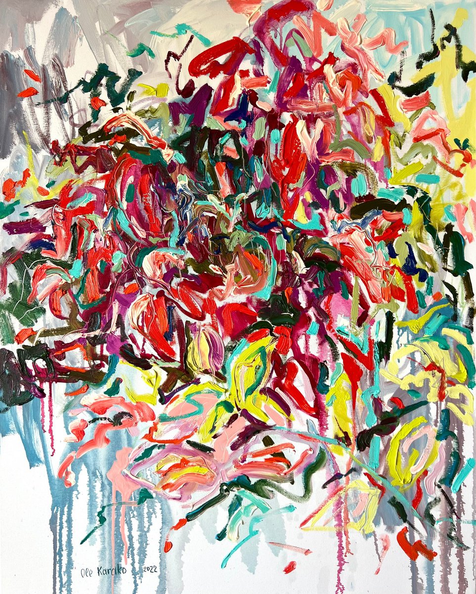 Expressive Botanical Oil Painting By Ole Karako, 31 X 39", Red Flowers, Original Artwork