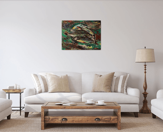 Morning Catch - Catch of the Day - Still Life with Fish - Animal Art - Medium Size - Kitchen Decor - Fishing -  60x80