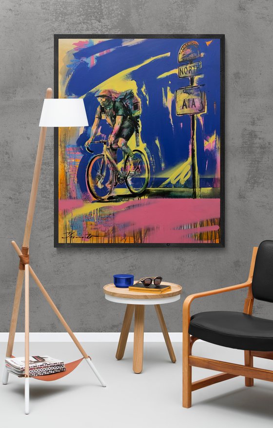 Bright big painting - "Young cyclist" - Urban Art - Pop Art - Bicycle - Street Art - City - Blue - Street scene