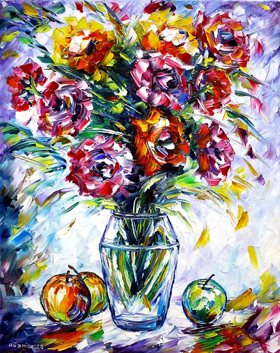 Expressive Botanical Oil Painting By Mirek Kuzniar, 16 X 20", Roses And Apples, Original Artwork