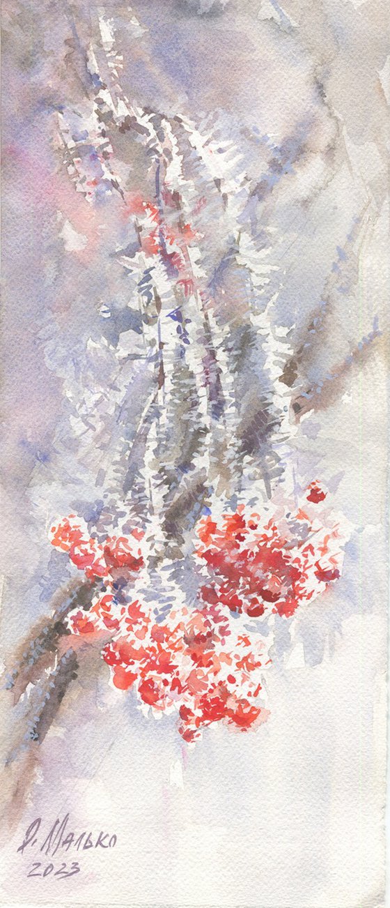 Hoar frost on a red berries of a guelder rose / ORIGINAL watercolor painting ~6x14in (15.5x36cm)
