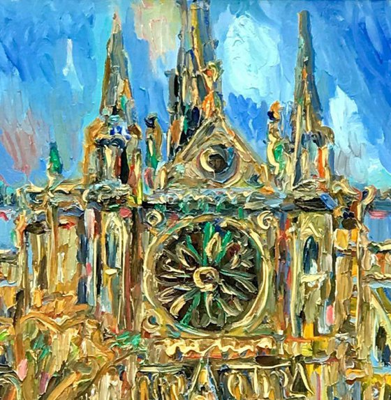 NOTRE DAME, VIEW FROM THE LATIN QUARTER - PARIS Cityscape, landscape, original oil painting, blue beige