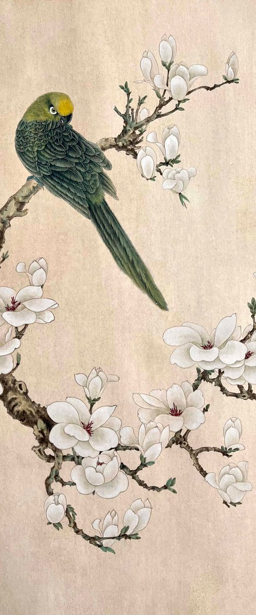 Zen In The Blossoms, Original Gongbi Brush Painting by Fiona Sheng