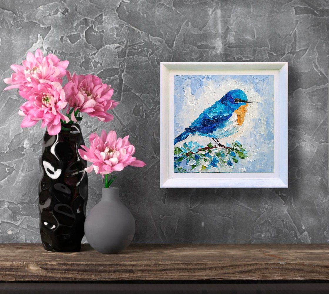 Blue bird Oil 0riginal painting Tit on cardboard Wall shops decor by Elina Birzkalne Wall art fine gift for her Miniature artwork