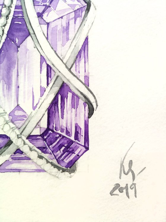 Jewelry watercolor sketch "Necklace with faceted amethyst stone"