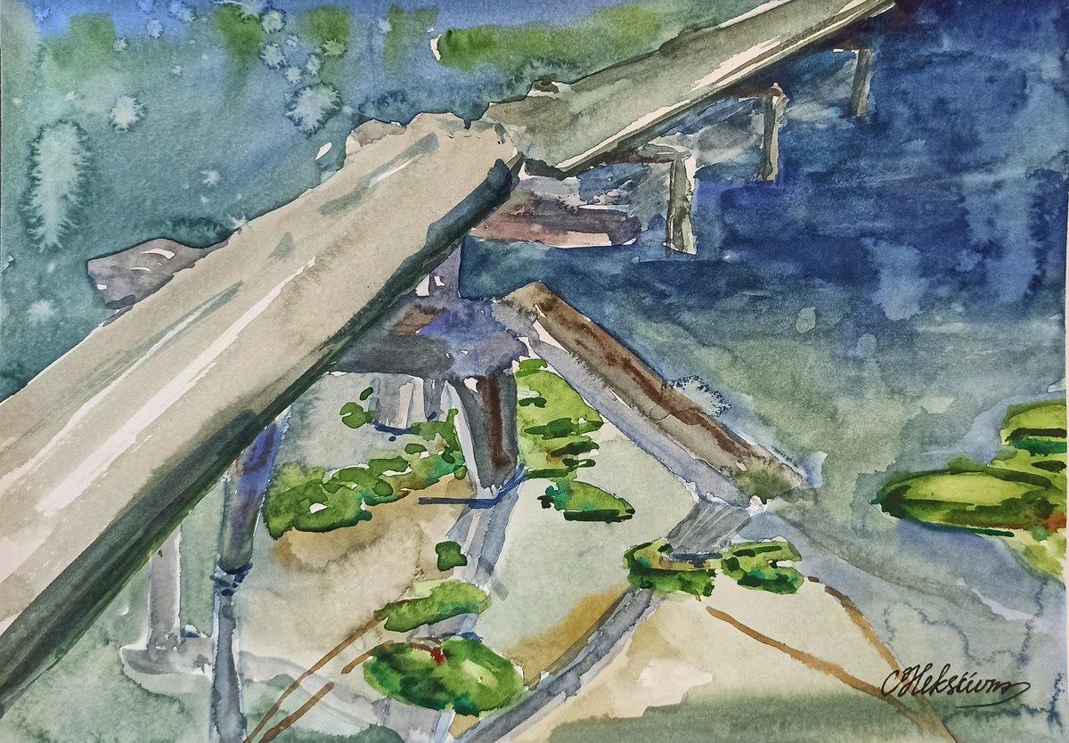 The narrow bridge- original medium-size watercolor plein air artwork by Olena Koliesnik