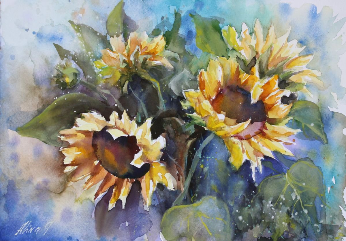 Original watercolor hand painting, art print, Sunflowers, floral fine art, flowers wall ar... by Alina Shmygol