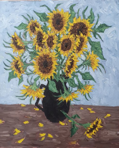 Sunflowers in black jug by Colin Ross Jack