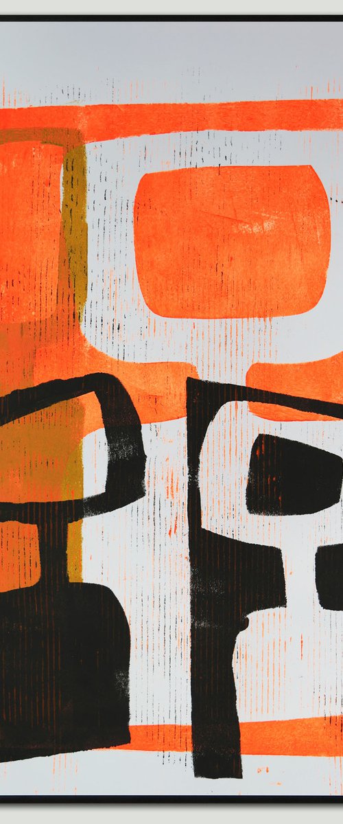 Abstract Family Portrait  - Art on paper - Neon Orange & Black - (A2-42cmx59,4cm) 06J by Ronald Hunter