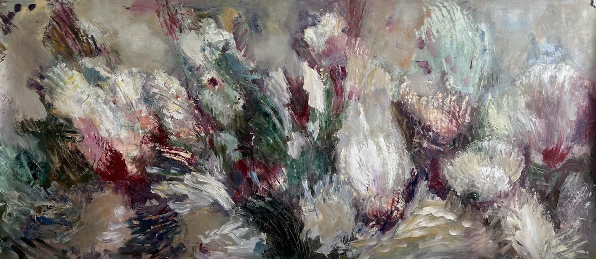 Organic Botanical Oil Painting By Egle Kurlianskaite, 110 X 47, Daydreaming, Original Artwork