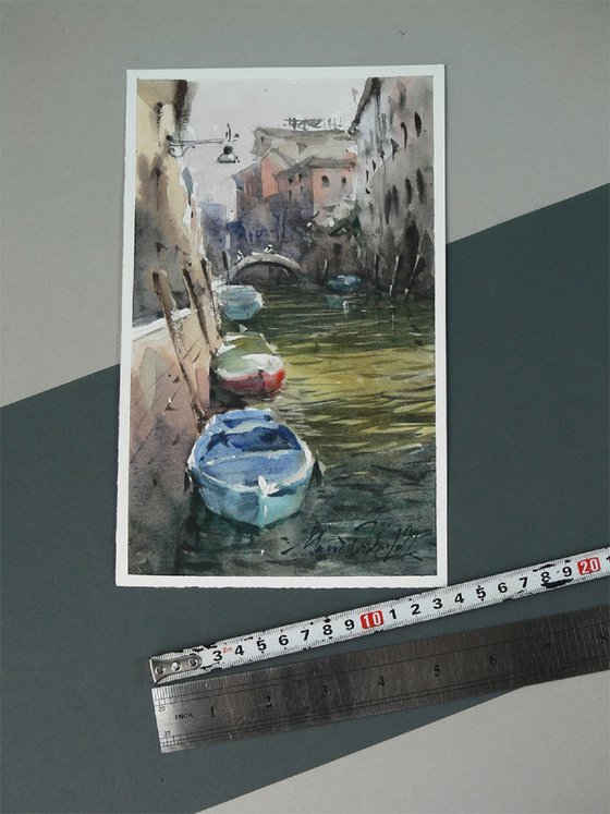 Venice boats scene, watercoloru painting, 2022