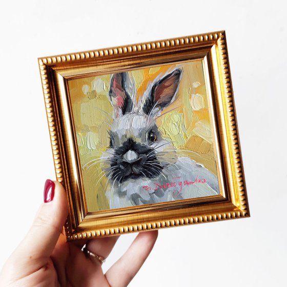 Rabbit painting original oil framed 4x4, Small framed art black white rabbit artwork yellow background