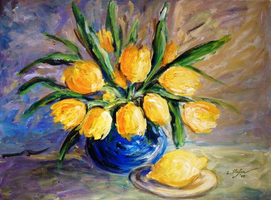 Yellow Tulips in a Blue Vase and Lemon