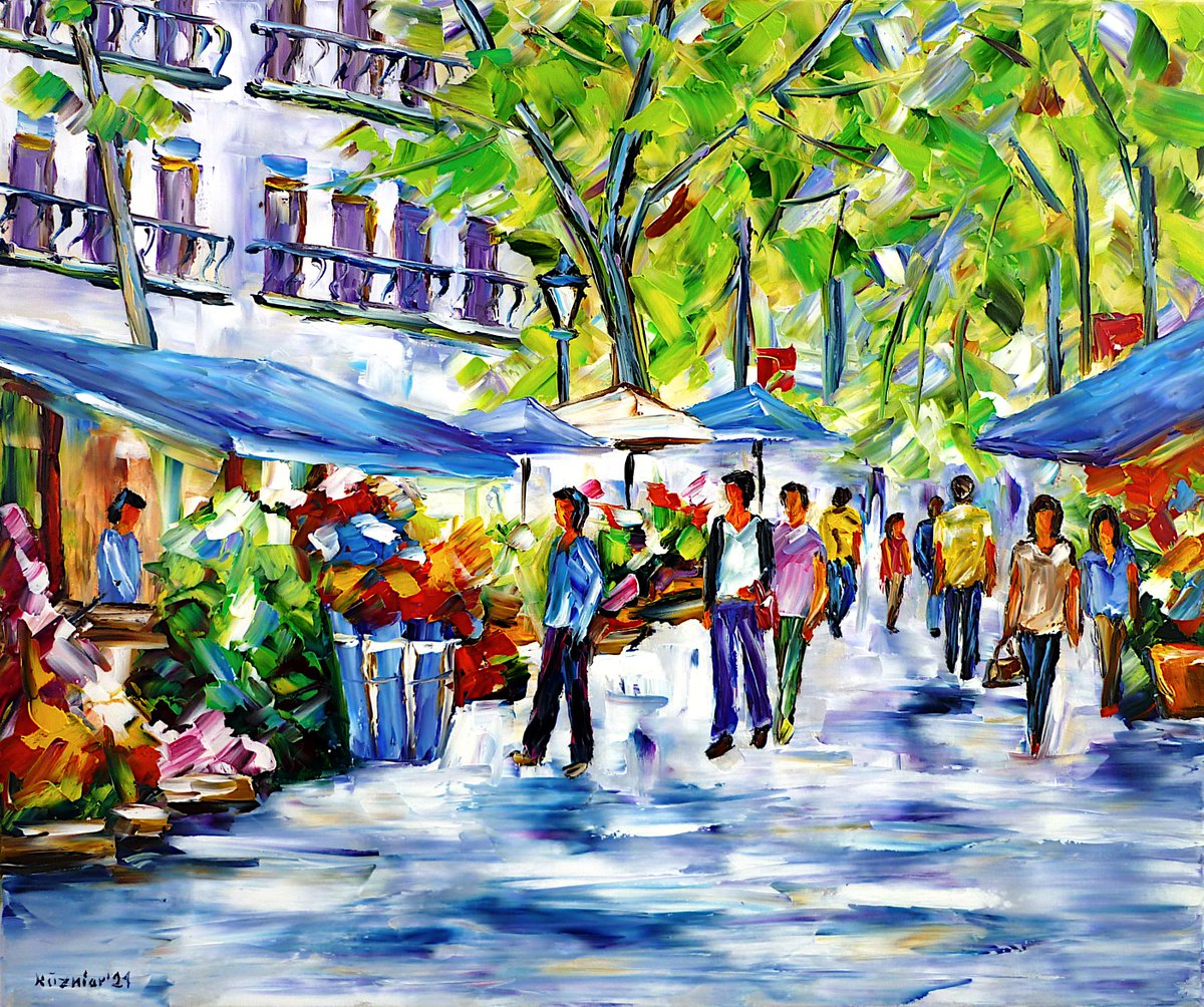 Expressive Cityscapes Oil Painting By Mirek Kuzniar, 24 X 20", La Rambla, Original Artwork