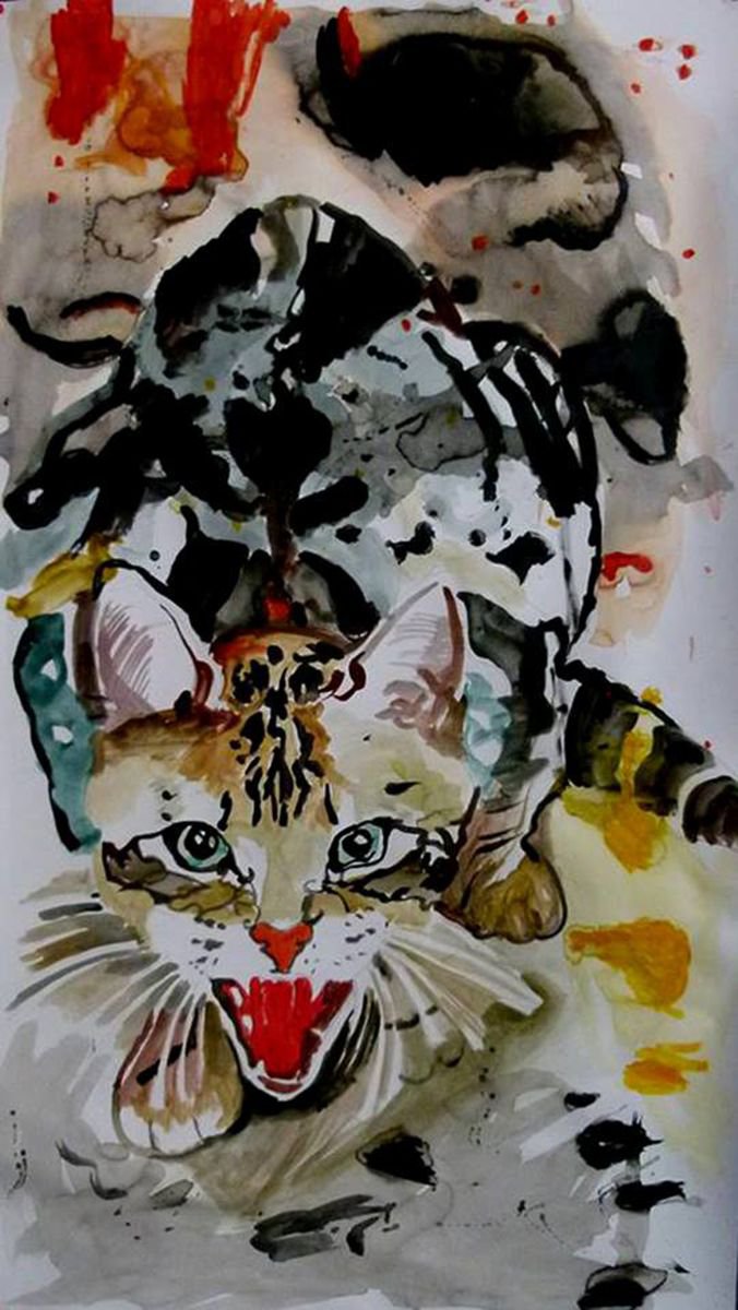 Photorealistic Animal Acrylic Painting By Soso Kumsiashvili, 24 X 47", Cat, Original Artwork