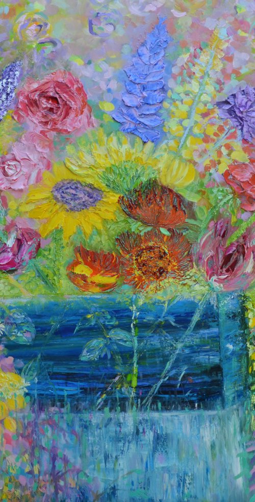 Sunflowers,Stocks and Roses Oil Painting by Lesley Blackburn
