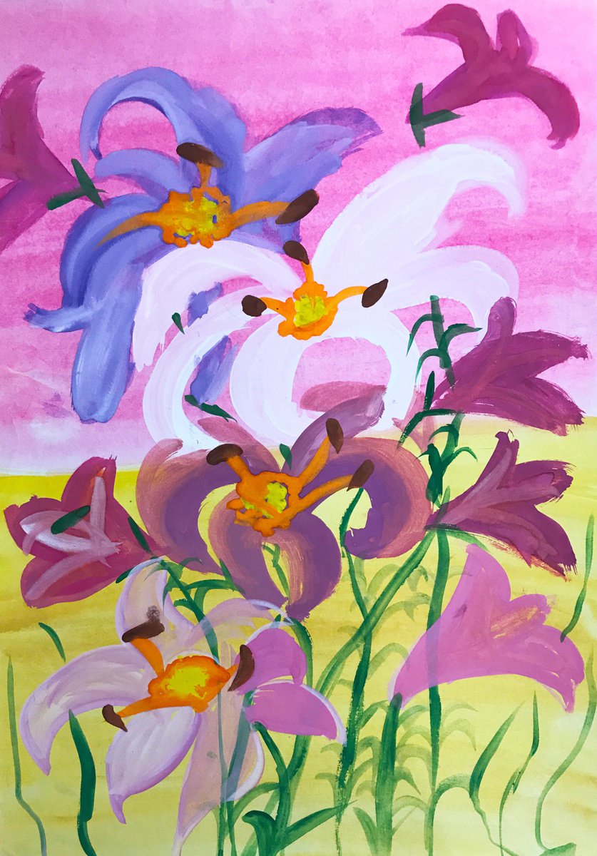 Expressive Botanical Painting By Anastasia Terskih, 12 X 17, Lilies, Original Artwork