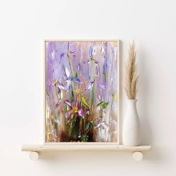 IRIS MOOD №3 - Set art. Irises. Flowers. Gift. Lilac color. Bouquet. Garden. Garden flowers. Field irises. Mini-art. Fast painting. The best solution. Gift painting. Postcard. Season. Holidays.