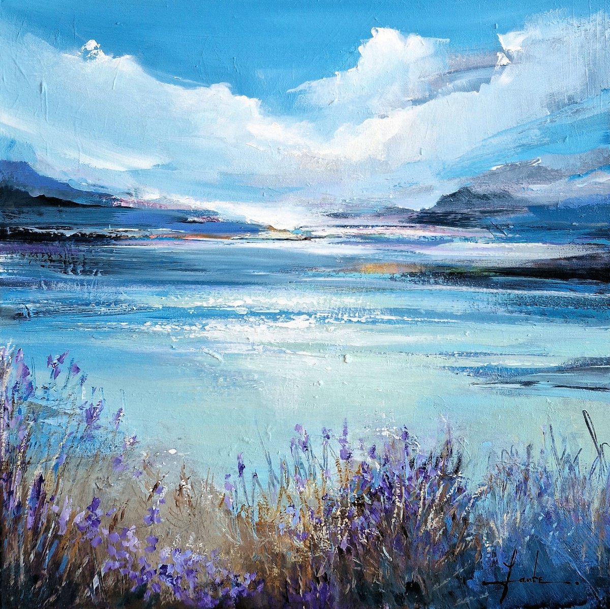 Impressionistic Landscape Acrylic Painting By Irina Laube, 20 X 20, Clouds Over Still Waters, Original Artwork
