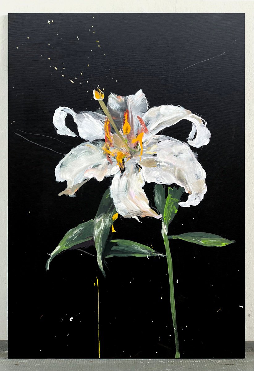 Abstract Botanical Acrylic Painting By Rosi Roys, 35 X 47", Lily Flowers, Original Artwork