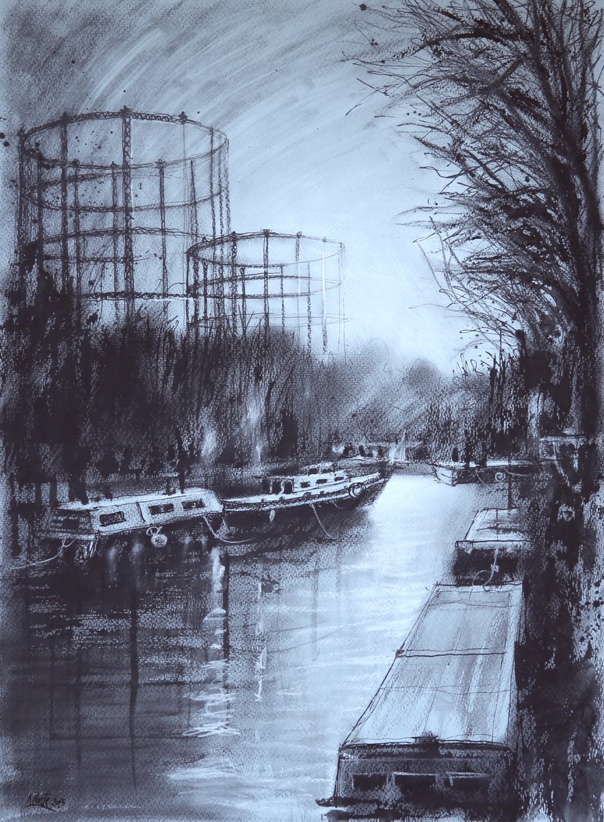 Impressionistic Landscape Charcoal Drawing By Roberto Ponte, 14 X 19", London Gasholders, Original Artwork