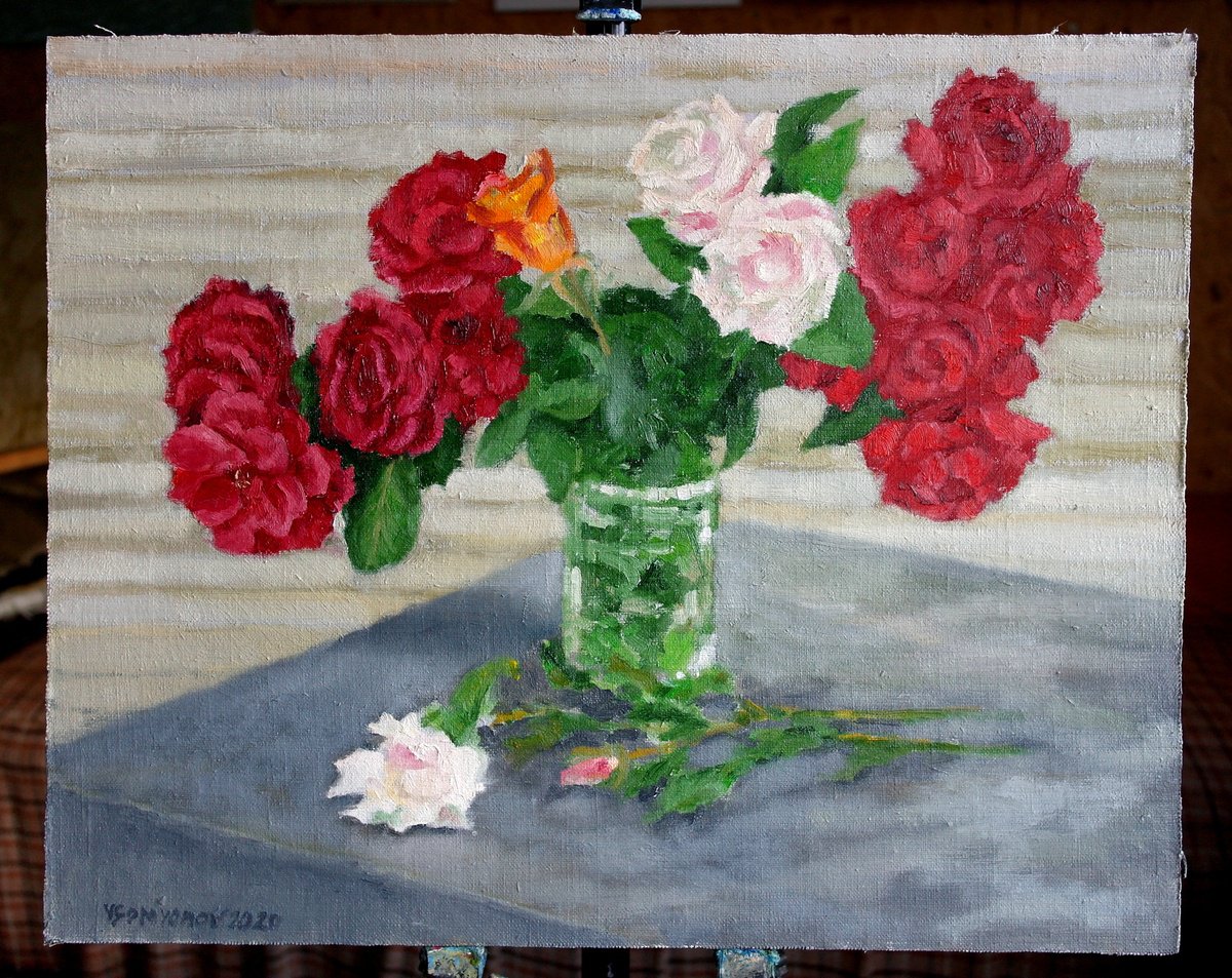 Impressionistic Botanical Oil Painting By Juri Semjonov, 20 X 16", Mixed Garden Roses In A Vase, Original Artwork