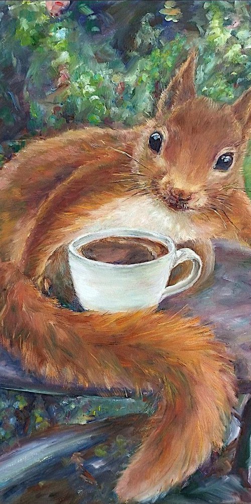 Red Squirrel With A Cup of Coffee by Jura Kuba Art