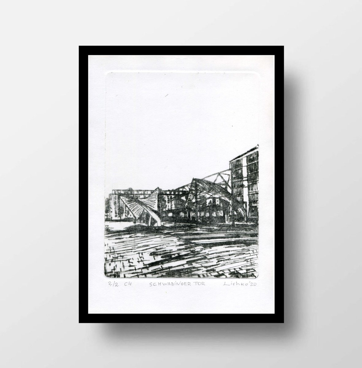 Expressive Cityscapes Etchings & Engravings By V. Lishko, 8 X 12", Munich Tram Station, Original Artwork