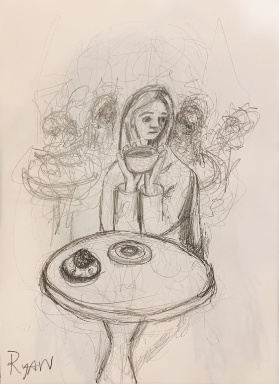 Drawing of A Woman Drinking Coffee