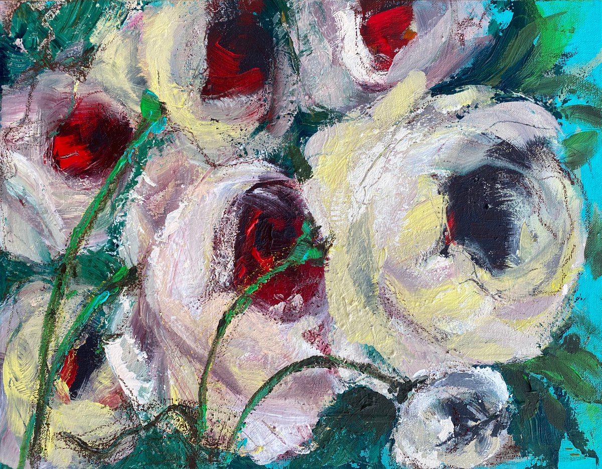 Roses blooming original painting on canvas by Oksana Petrova