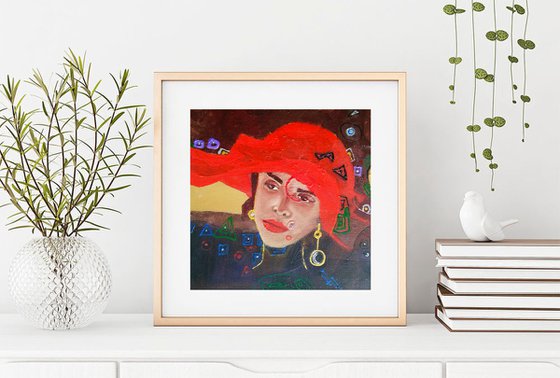 Mary, Woman Portrait Red Hat Painting Original Female Wall Art Modern Artwork