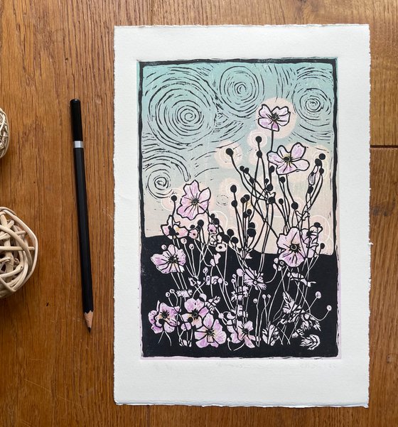 Anemones - Flower Contemporary Linocut Print