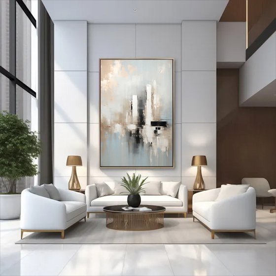 Abstract Cityscape in Blue Grey and Beige